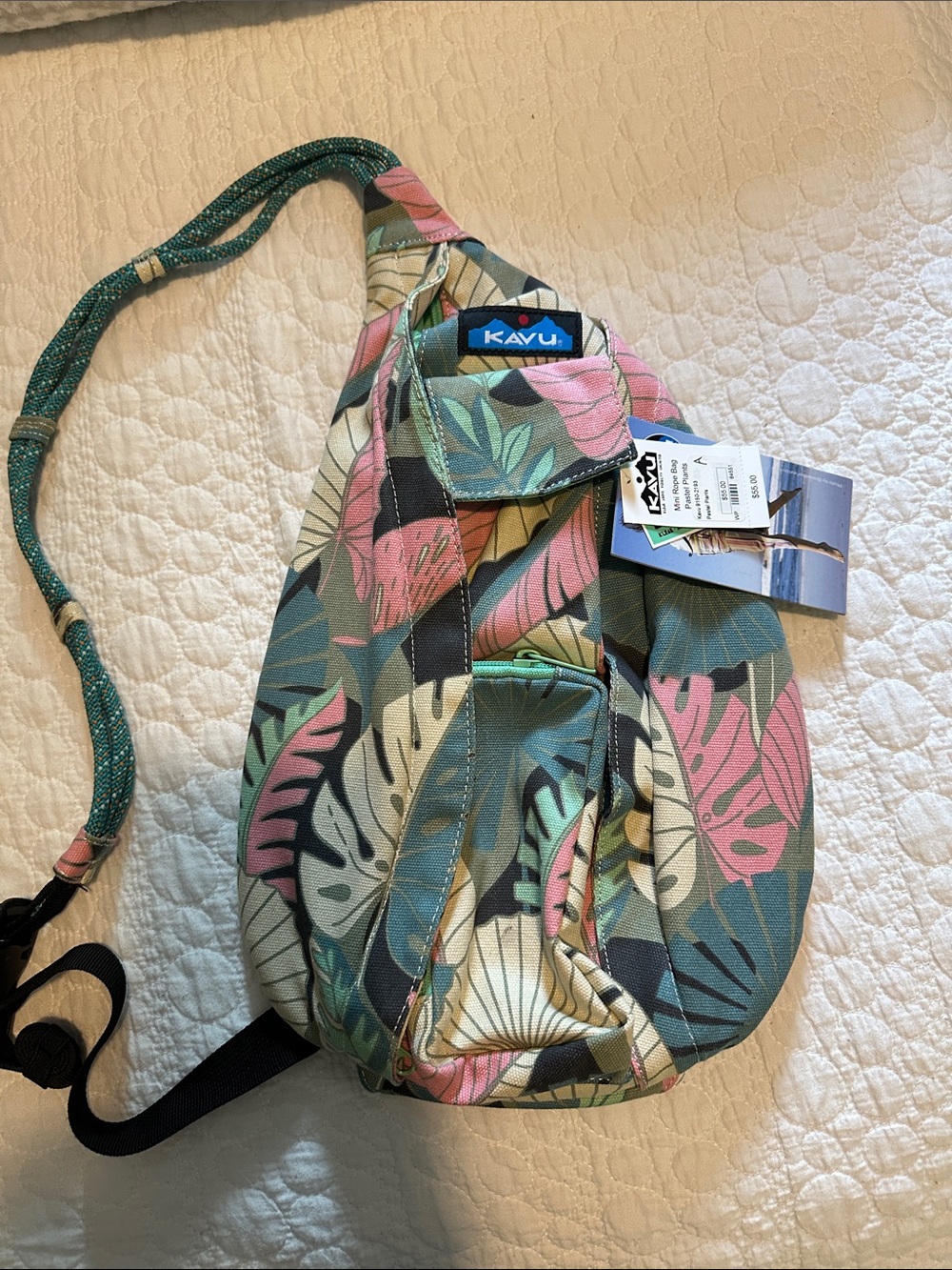 Kavu Tropical Leaf Crossbody Sling Bag in Teal, Pink & Cream